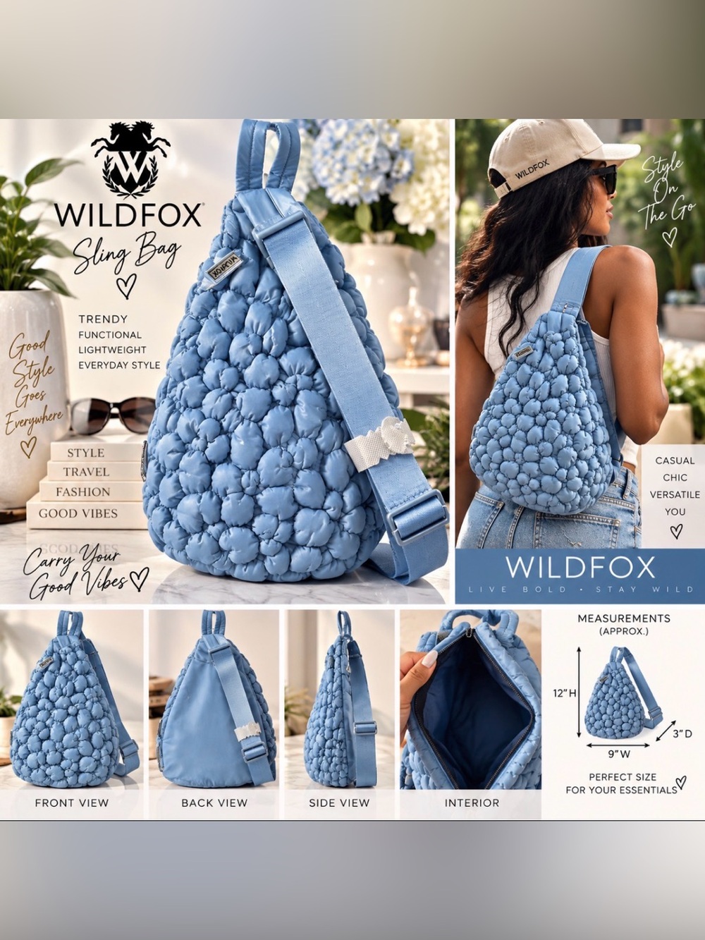 Wildfox Light Blue Quilted Floral Sling Backpack